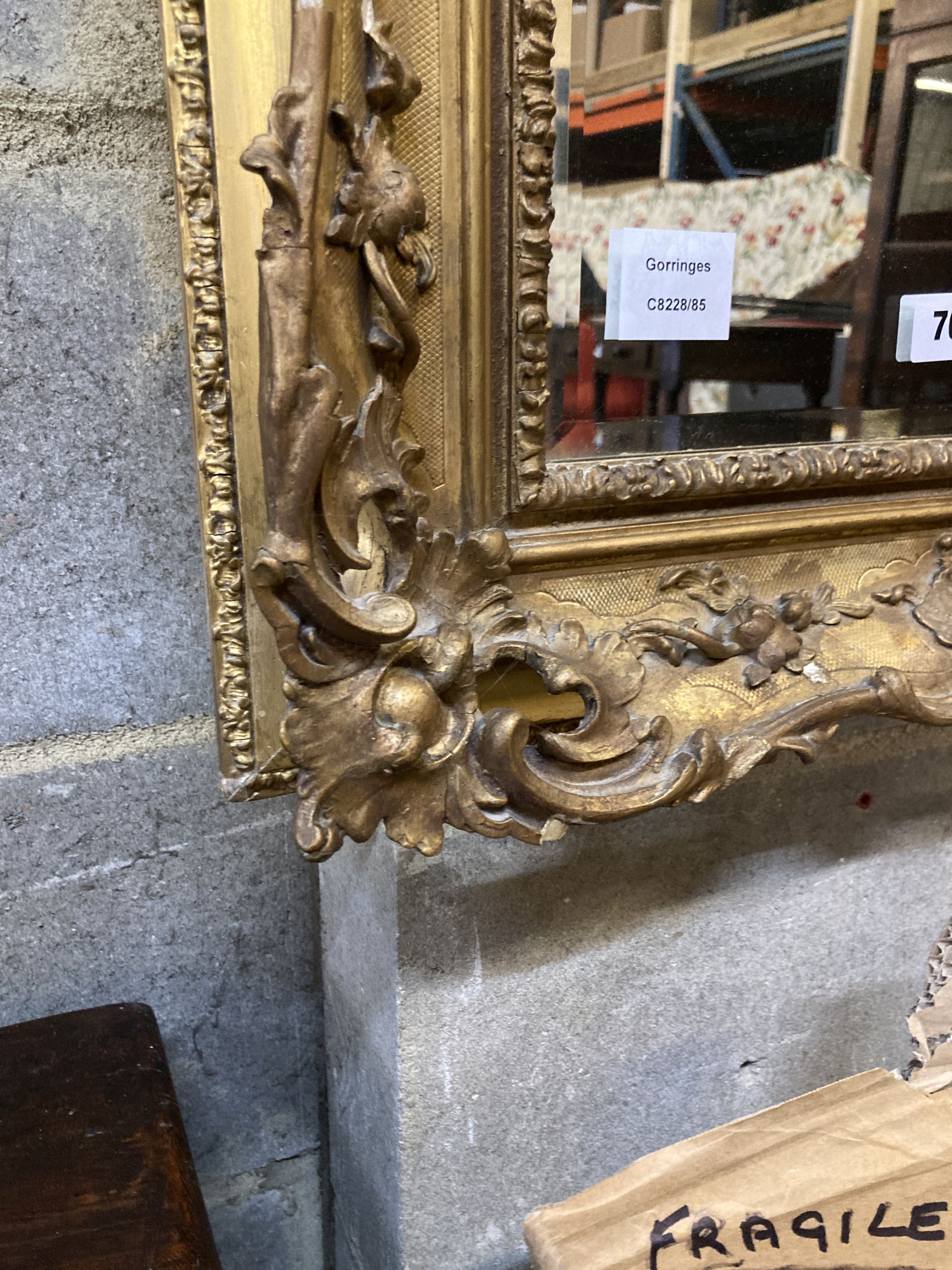 A Victorian rectangular giltwood and gesso frame (now as a wall mirror) width 53cm, height 69cm